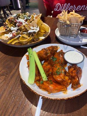 Nachos and wings with fries