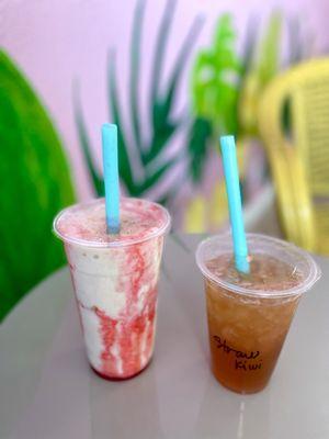 Strawberry Cheesecake smoothie and Strawberry Kiwi Energy tea