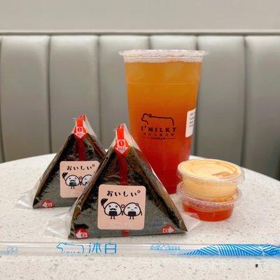 Fried Chicken Riceball, Eel Riceball, and Fresh Strawberry Green Tea