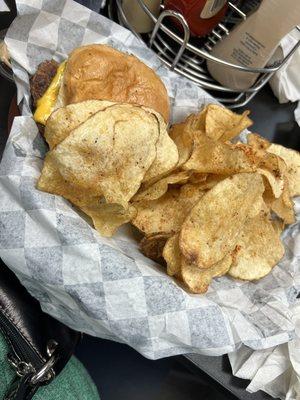 Chips and cheeseburger