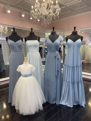 Slate blue bridesmaid options with a matching flower girl dress just waiting on you to add to your wedding.