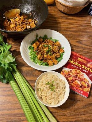 'Lee Kum Kee' Mapo Tofu sauce, Soft Fresh Tofu & Ground Pork over Chinese Celery!