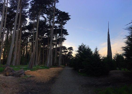 Passing by Arguello Stand and The Spire (person included for scale)