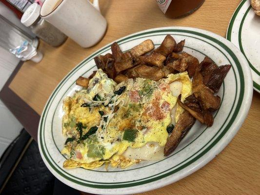 Veggie omelet. Home fries were crunchy. Very good.