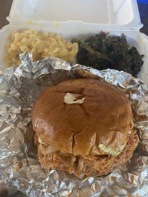 Pulled Chicken BBQ Dinner $14.35 BBQ chicken sandwich, Mac &cheese, and collard greens