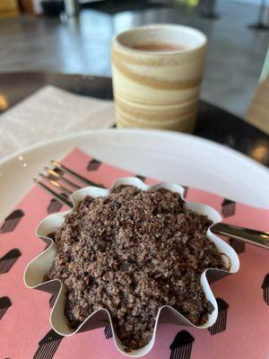 GF cacao nib coffee cake (delicious) and oat milk hot chocolate