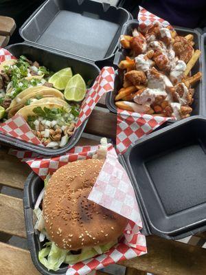 Bacon Cheeseburger, Buffalo Fries, and Tacos de Asada and chicken