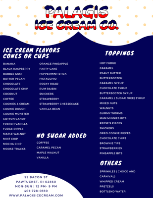 Palagis Ice Cream flavors and toppings