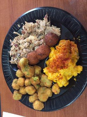 Pulled pork with spicy Mac & cheese and fried okra