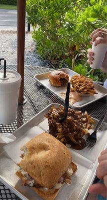 Brisket Burger with Hand-Cut Fries and The Islander with Poutine