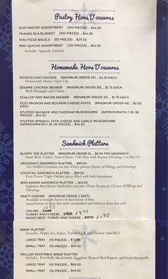 Hors d'ourves and sandwich platters catering menu