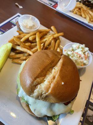 Bacon Blue Swiss Burger w/beer batter fries