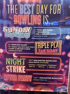 Bowling menu