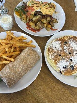 California breakfast burrito, blueberry pancakes, steak benny!