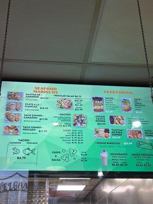 Current prices for seafood and vegetarian items