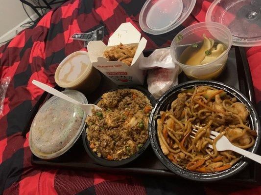 House lo mein, shrimp fried rice, garlic chicken, hot and sour soup and wonton soup