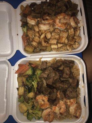 3 combo plate - NY steak, shrimp & chicken!  2 plate combo - NY Steak & Shrimp!