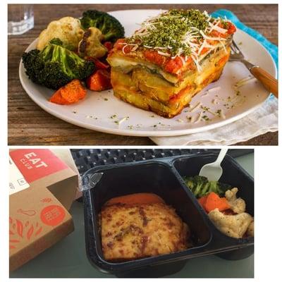 Eggplant and Sweet Potato Terrine via the EAT CLUB time machine.
 
 2015 Advertised version Vs Soggy Luke Warm 90S TV dinner Reality.