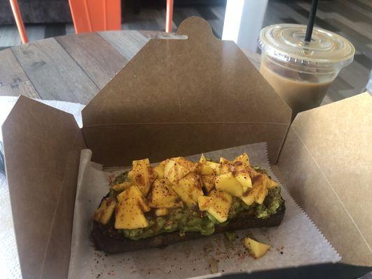 The Avo-Mango and iced coffee with lavender syrup