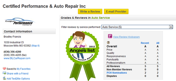 Certified Performance earned Angie's List 2012 SUPER SERVICE AWARD! And we plan to earn it again this year!