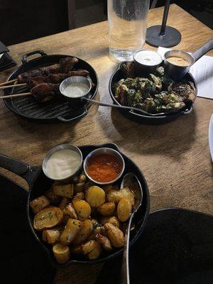 Patatas Bravas, Chicken Skewers, Crispy Brussel Sprouts. Yum all over.