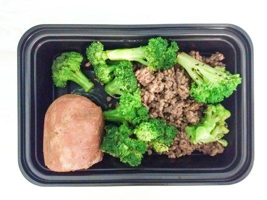 Ground beef, sweet potato, broccoli