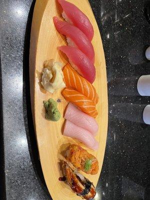 Tuna, salmon, yellowtail, & eel nigiri