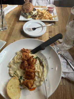 Fettuccine Alfredo add shrimp and 1/2 pound Barbie burger with fries.