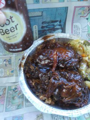 Brown chicken, rice & peas, and stewed cabbage