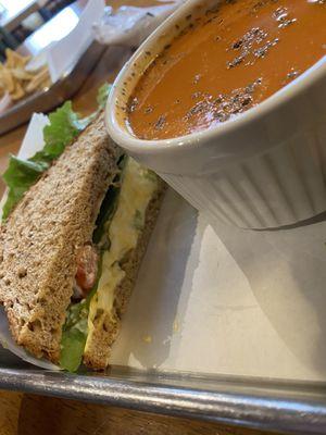 Egg salad has tomato and lettuce, and the multigrain is a beautiful local hearty fresh bread. The roasted pepper soup is perfect!