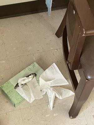 Used tissue upon arrival. In room