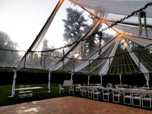 Drapery and lighting 40 x 80 ft clear top tent