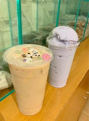 Honey milk tea with egg pudding and taro and coconut smoothie