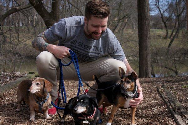 Eddie, owner of Albany Bark!  And his 3 pups.  Reese, Roxy and Jax.