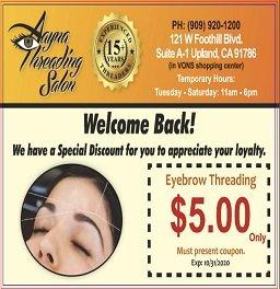 Whoever show this picture in phone, we will do eyebrows threading for $5 only. Exp: 12-31-2020