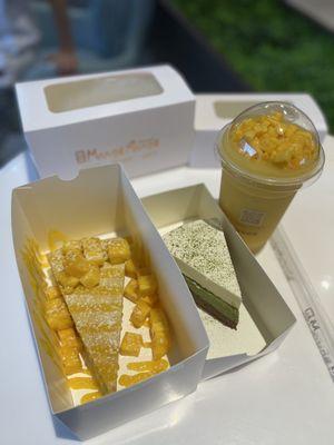 Mango Mille crepe Cake, Dark Chocolate Matcha Honey Cake & Mango Smoothie-O