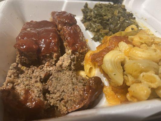 Meatloaf, Mac n Cheese, collard greens