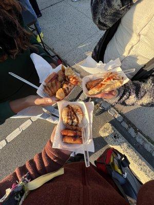 pork dumplings; Philly cheesesteak egg roll ; southwest chicken egg roll; coconut shrimp egg roll