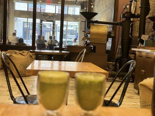 Iced matcha and hot matcha latte.