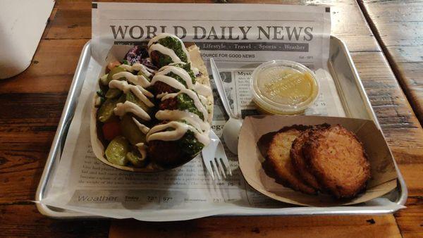 Falafel bowl, and latkes with apple sauce. Great apple sauce, they should offer it in a large bowl as a dessert.