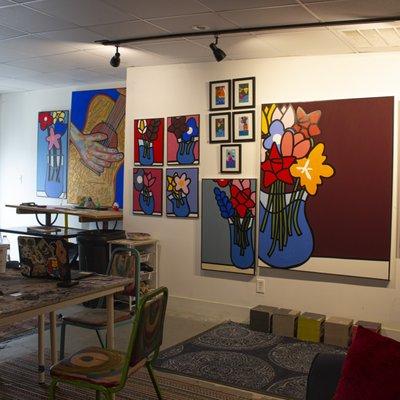 We operate as a working art studio/gallery. During the week you can schedule a private studio visit.