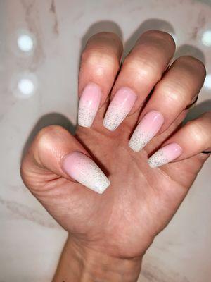 Pink to white ombré full set acrylic with sparkles