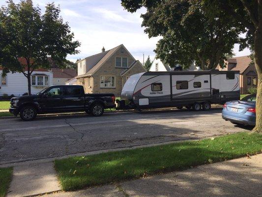 My tow rig with the 32' trailer from Prosser RV.  It was a great trip until we encountered 30 mph winds.