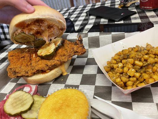 Cajun soul spicy chicken sandwhich with sweet dill corn