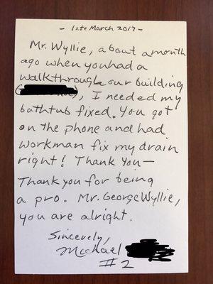 A note from one of our happy tenants.