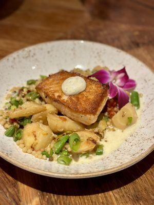 Pan Seared Scottish Salmon with artichoke hearts, sugar snap peas, asparagus, roasted tomatoes, rainbow carrots, and fregola