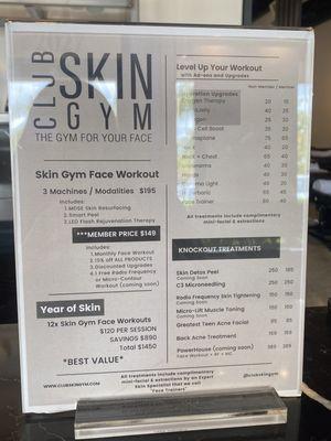 Club skin gym services menu