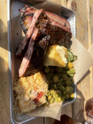 Ribs, brisket, tomato pie, fried okra and cornbread