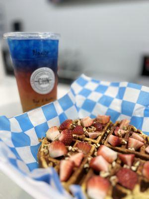 Protein Waffle and Bad and Boujee energy tea