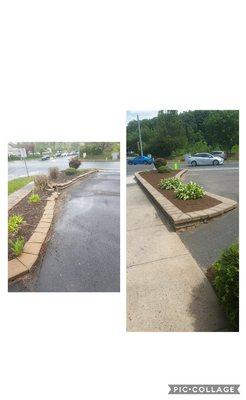 Before and after retaining wall fixed and bed cleaned up with fresh quality mulch